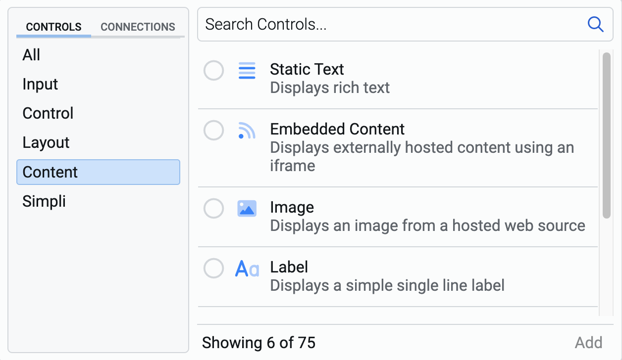 Image showing controls in the Content category